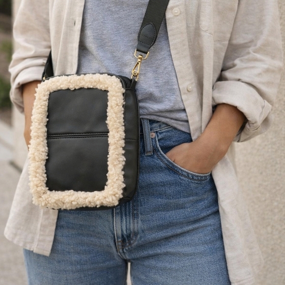 Handbags - Black and Cream Sherpa Crossbody Bag